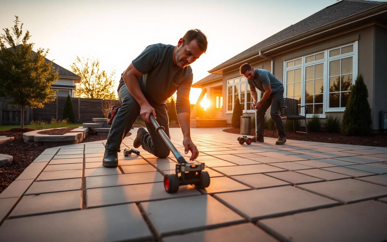 Landscape crew installing pavers on a new construction home