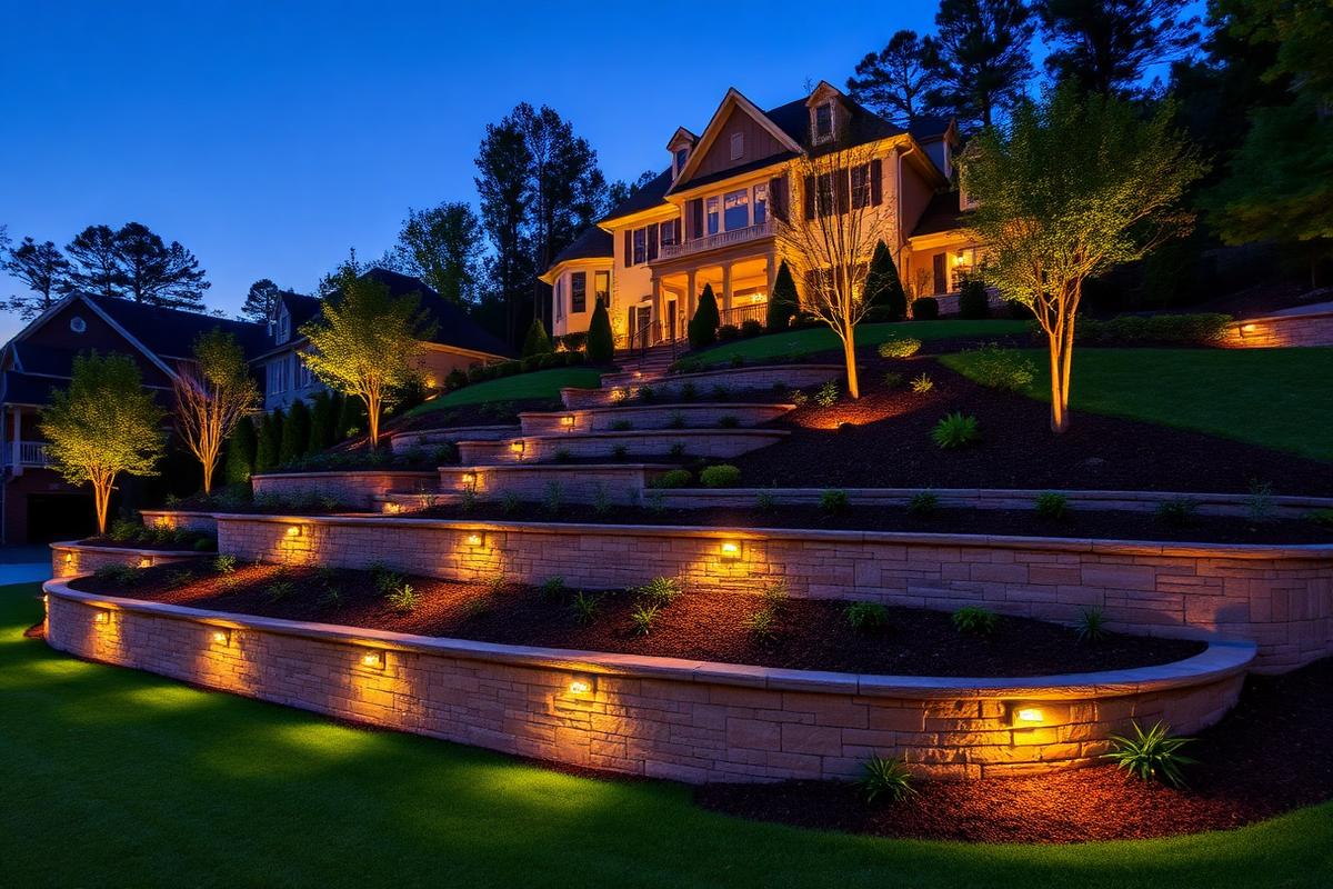 Tiered retaining wall with uplighting