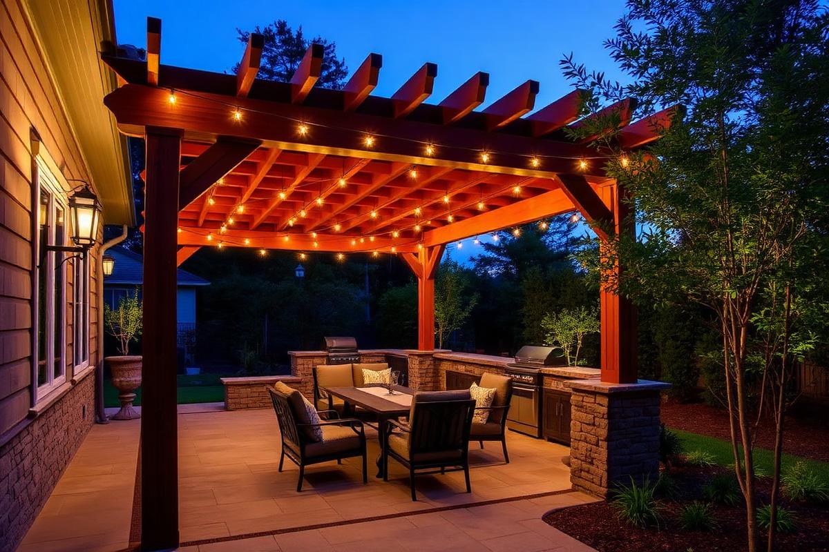 Cedar pergola with string lights
